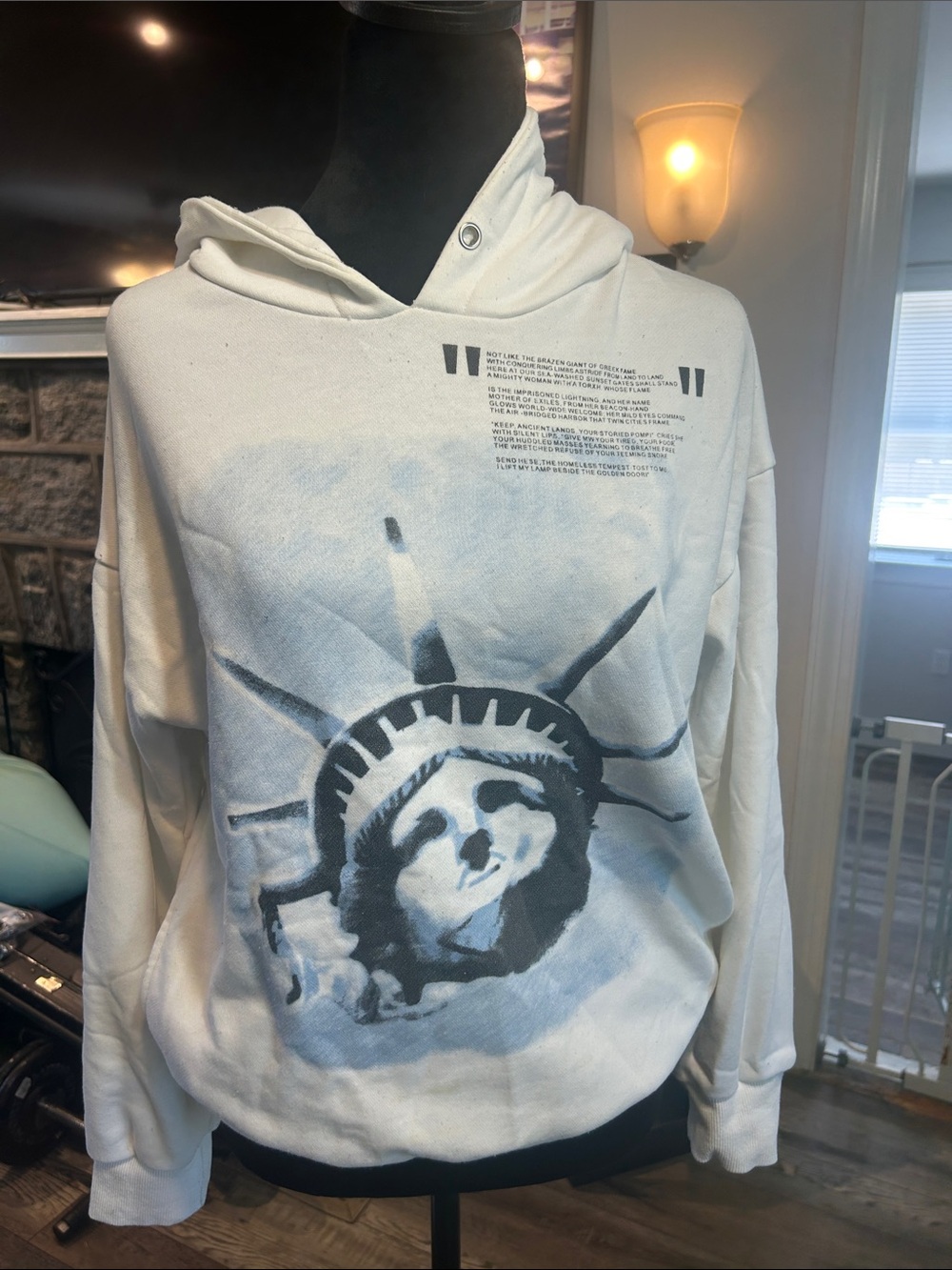Men's Cream Zip-Up Hoodie with Statue of Liberty Graphic